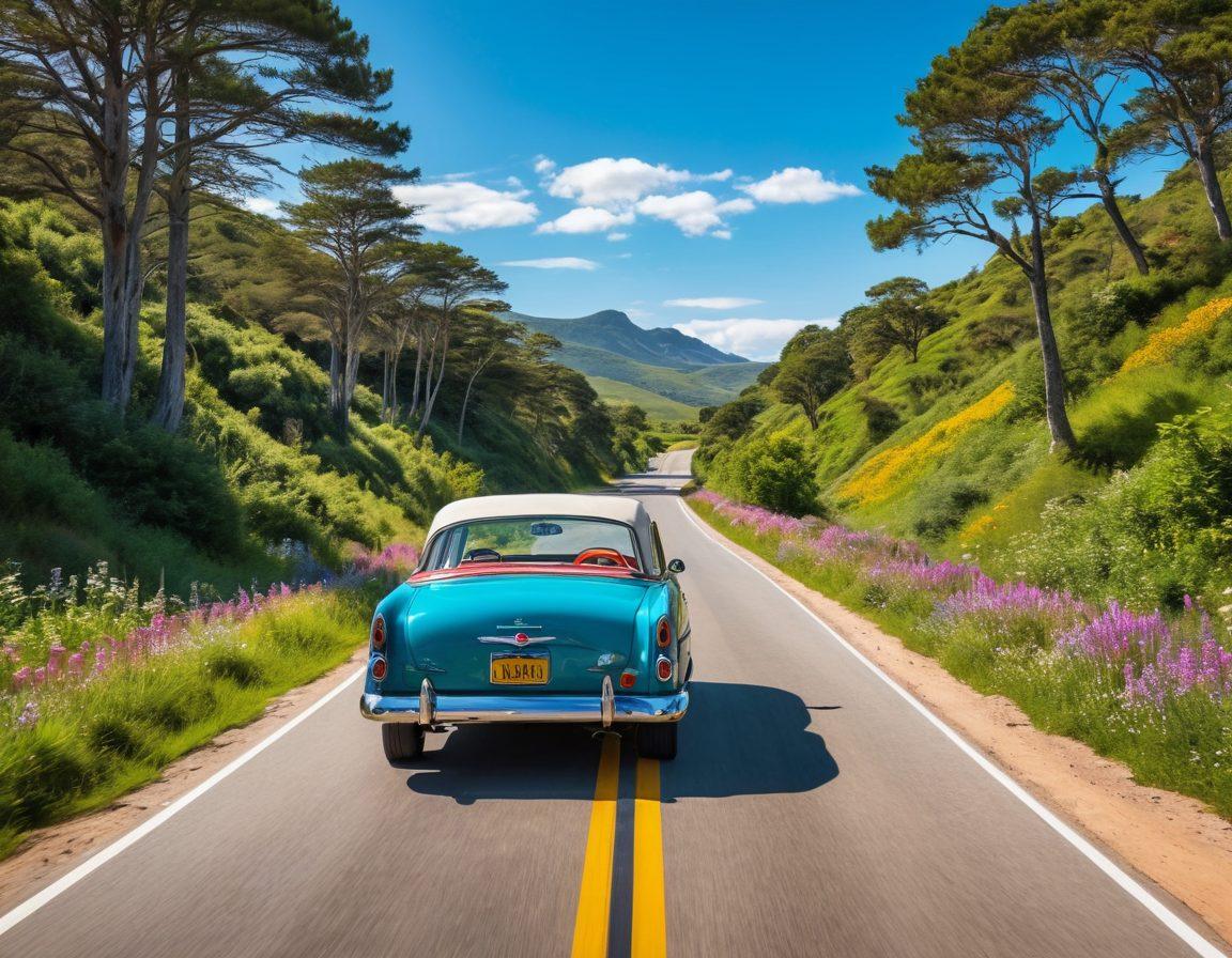 A scenic open road winding through lush green hills under a clear blue sky, with a classic vintage car cruising along. Alongside the road, colorful road signs point to exciting destinations like 'National Park' and 'Beach', while a friendly dog sits happily in the passenger seat. In the background, vibrant wildflowers and towering trees frame the journey, evoking a sense of adventure and freedom. super-realistic. vibrant colors. white background.