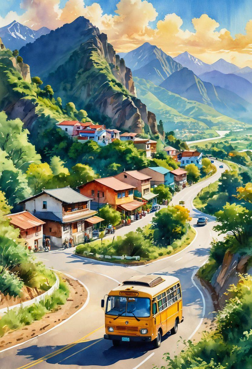 A winding, picturesque road meandering through a vibrant landscape filled with cultural landmarks, diverse travelers experiencing local traditions, and colorful vehicles representing different modes of transport. Lush greenery, mountains in the background, and artistic murals along the roadside enhance the scene. The sky is filled with warm, golden sunlight, creating an inviting atmosphere. watercolor style. vibrant colors.