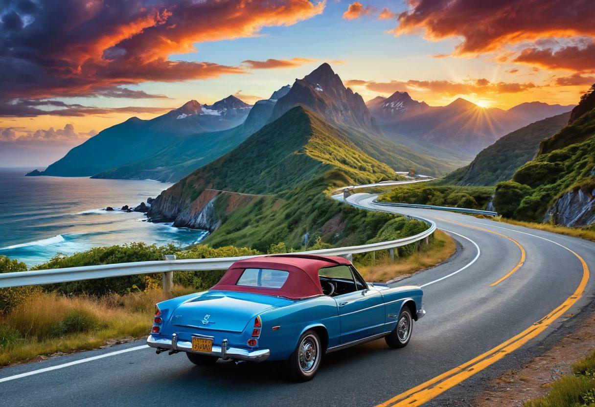 A winding, picturesque road stretching through breathtaking landscapes, featuring majestic mountains on one side and a serene ocean on the other. Include a vintage convertible car cruising down the road, with a backdrop of vibrant sunsets and scattered fluffy clouds in the sky. Scattered travel gear like a backpack and a map along the roadside to evoke the spirit of adventure. super-realistic. vibrant colors. dynamic composition.